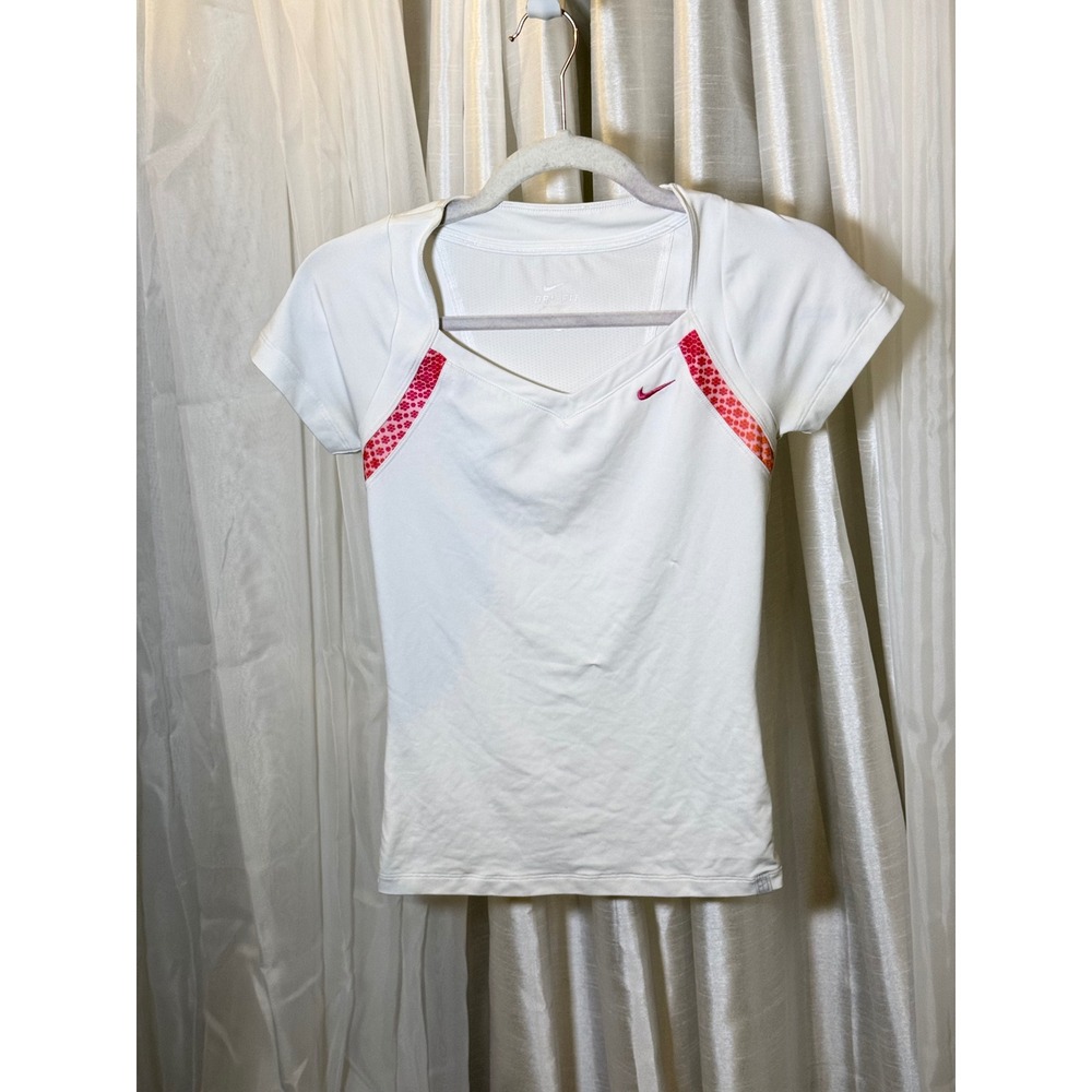 Nike Dri-FIT V-Neck Top Womens XS White Pink Orange Floral Mesh Tennis Shirt